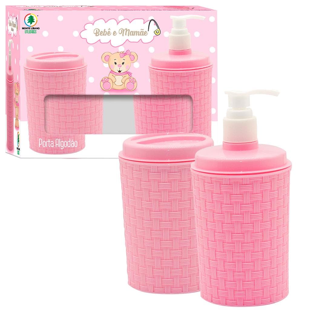 Kit Banheiro Lavabo 2 Pecas Porta Sabonete Liquido E Algodao Conjunto Mamae Bebe Rosa Saboneteira Organizador = Monte Libano