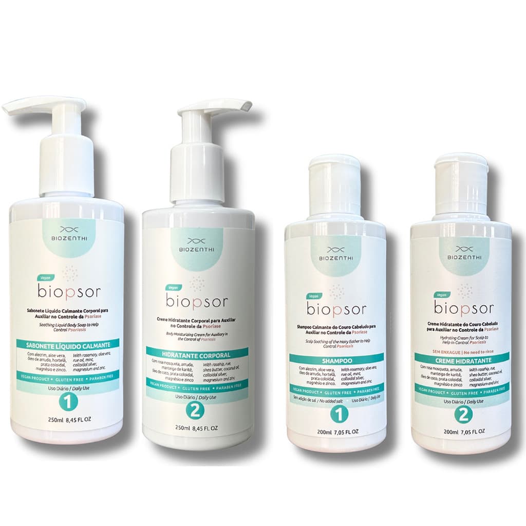 Kit Completo Psoríse Shampoo, Sabonete, Hidratante Corpo, Hidratante Couro Cabeludo