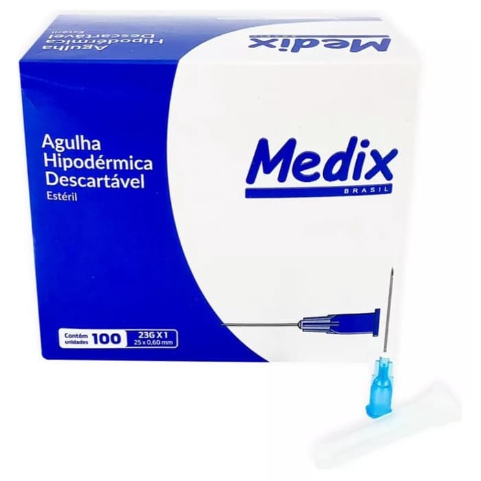 Caixa C/100 Agulhas Hipodérmica Descartável 25 x 0,60mm 23g (Azul) - Medix