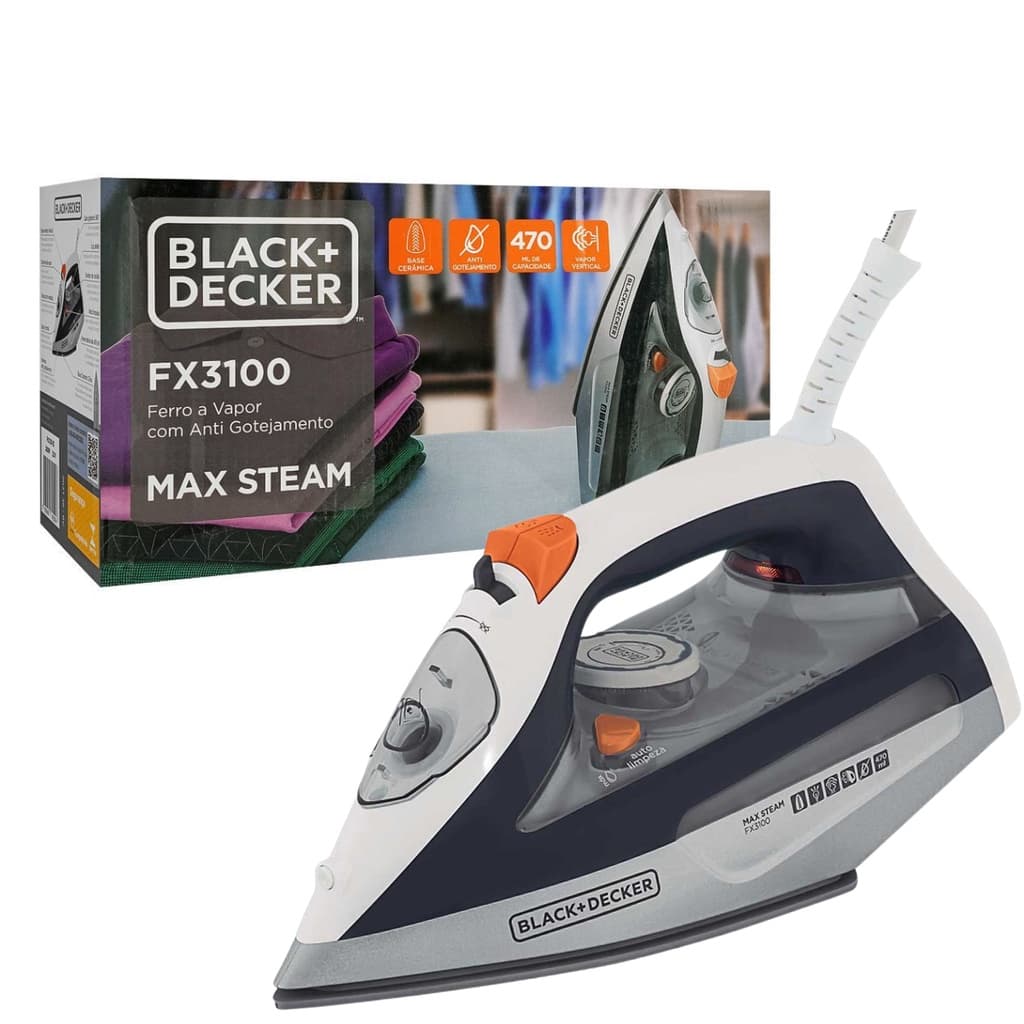 Ferro de Passar a Vapor Black+Decker FX3100-BR 110V Max Steam Base Ceramica Gliss Antigotejamento