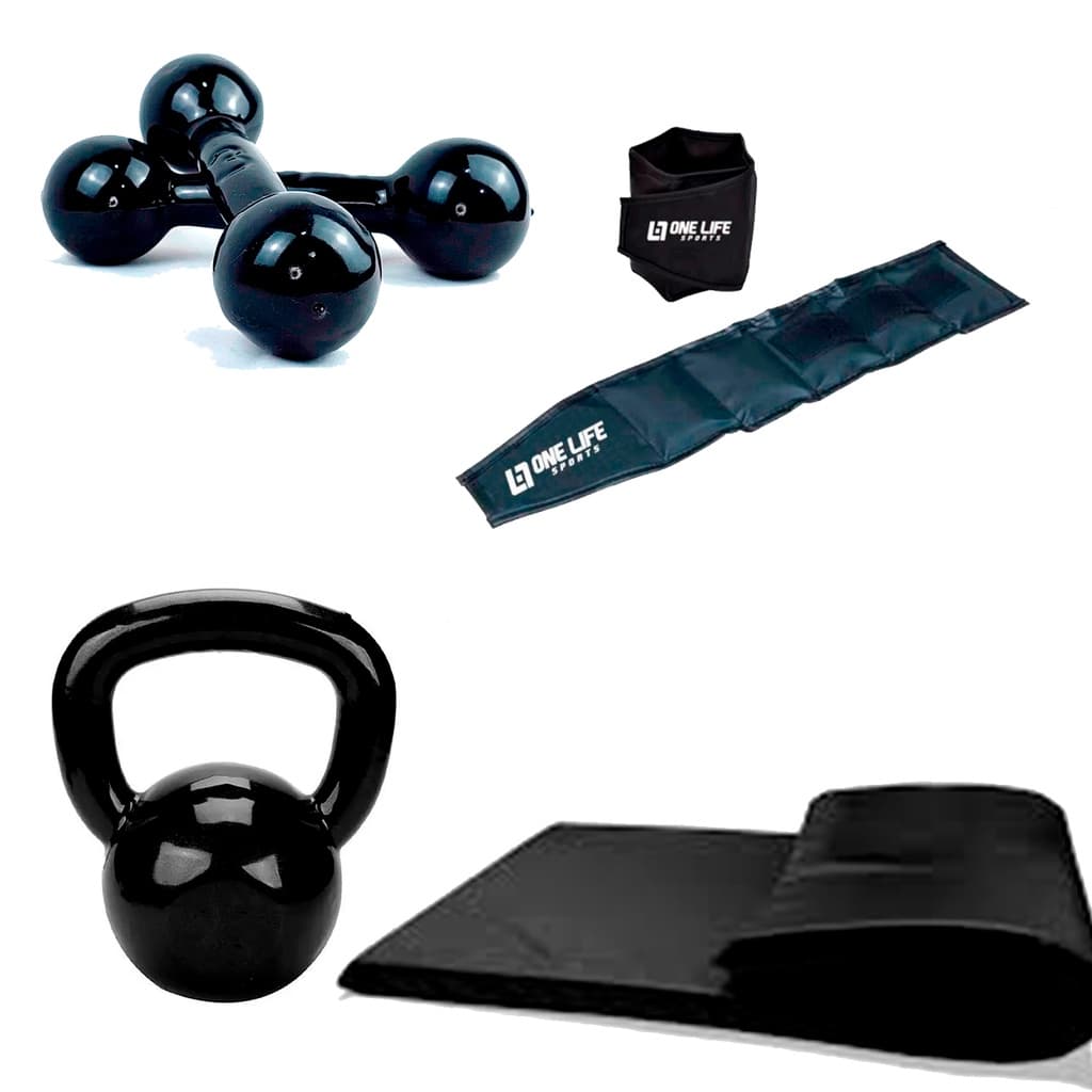 Kit Treino - Caneleira 3 Kg + Colchonete + Halter 3 Kg + Kettlebell 6 Kg