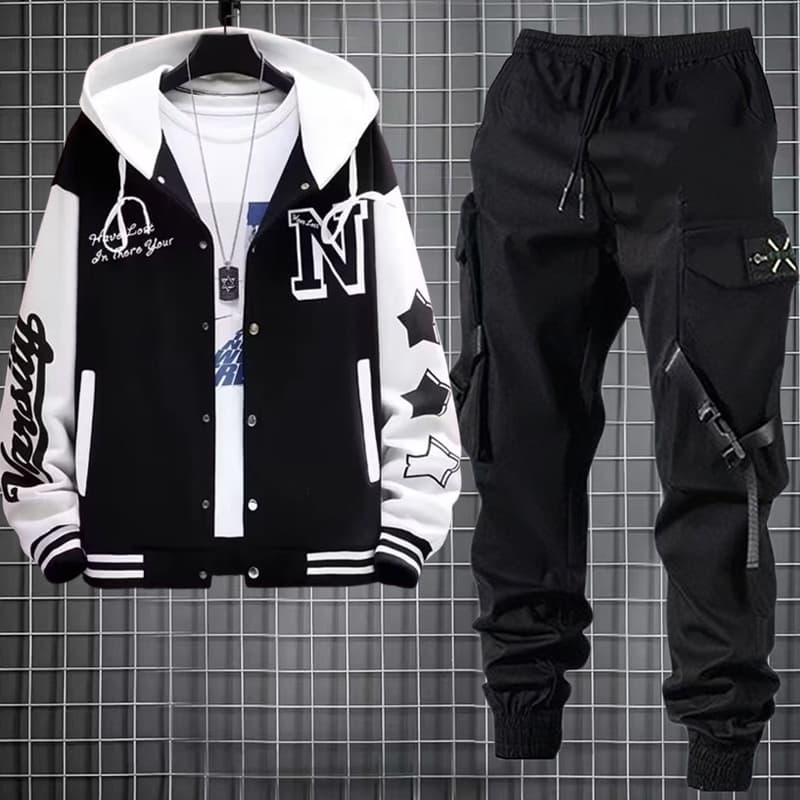 Moda Masculina Roupas Jaqueta Com Capuz Camisolas Tendência Hoodies + Estilo Hip Hop Calças De Carga Masculinas Preto Jo