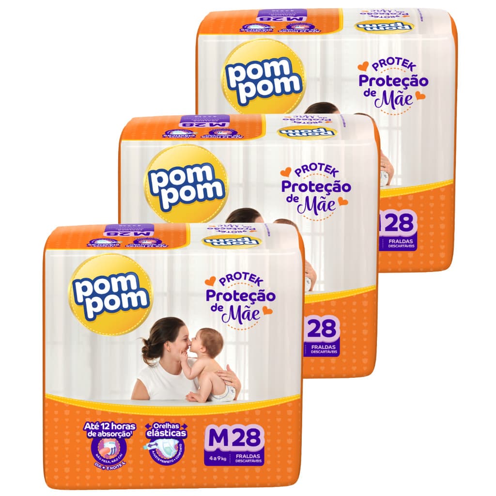 Kit 3 Pacotes de Fraldas Descartável Infantil Pom Pom Protek