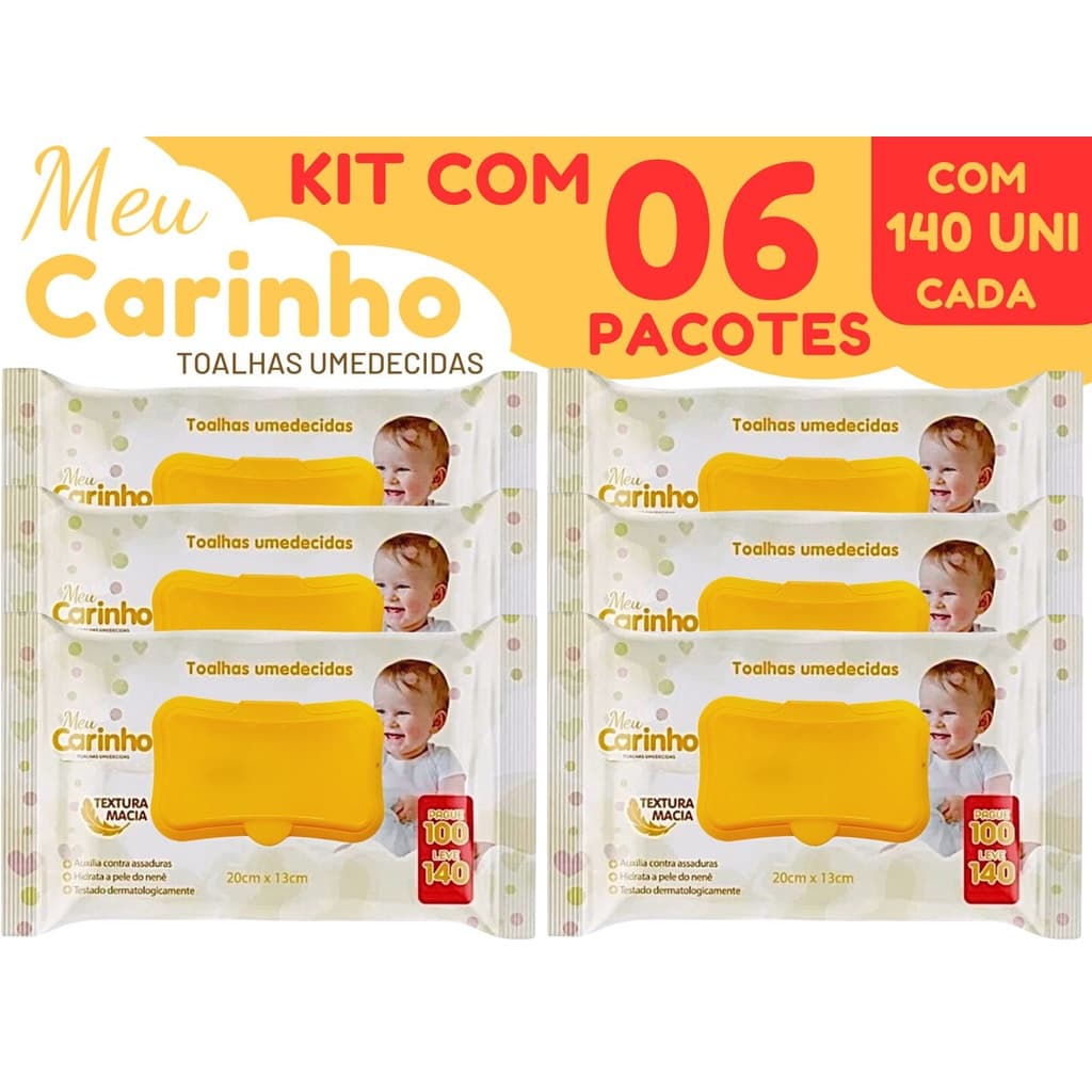 KIT COM 06 PACOTES DE LENÇO/TOALHAS UMEDECIDAS PARA BEBE MEU CARINHO C/140 UNIDADES CADA – PREMIUM
