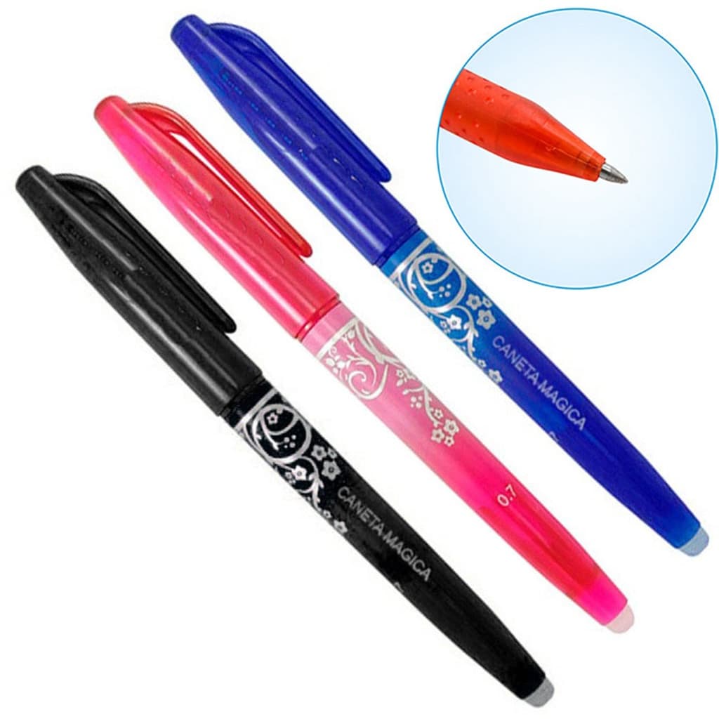 3 Canetas Mágica Cores Tecido Papel Apaga Com Calor Patchwork Azul Vermelho Preto