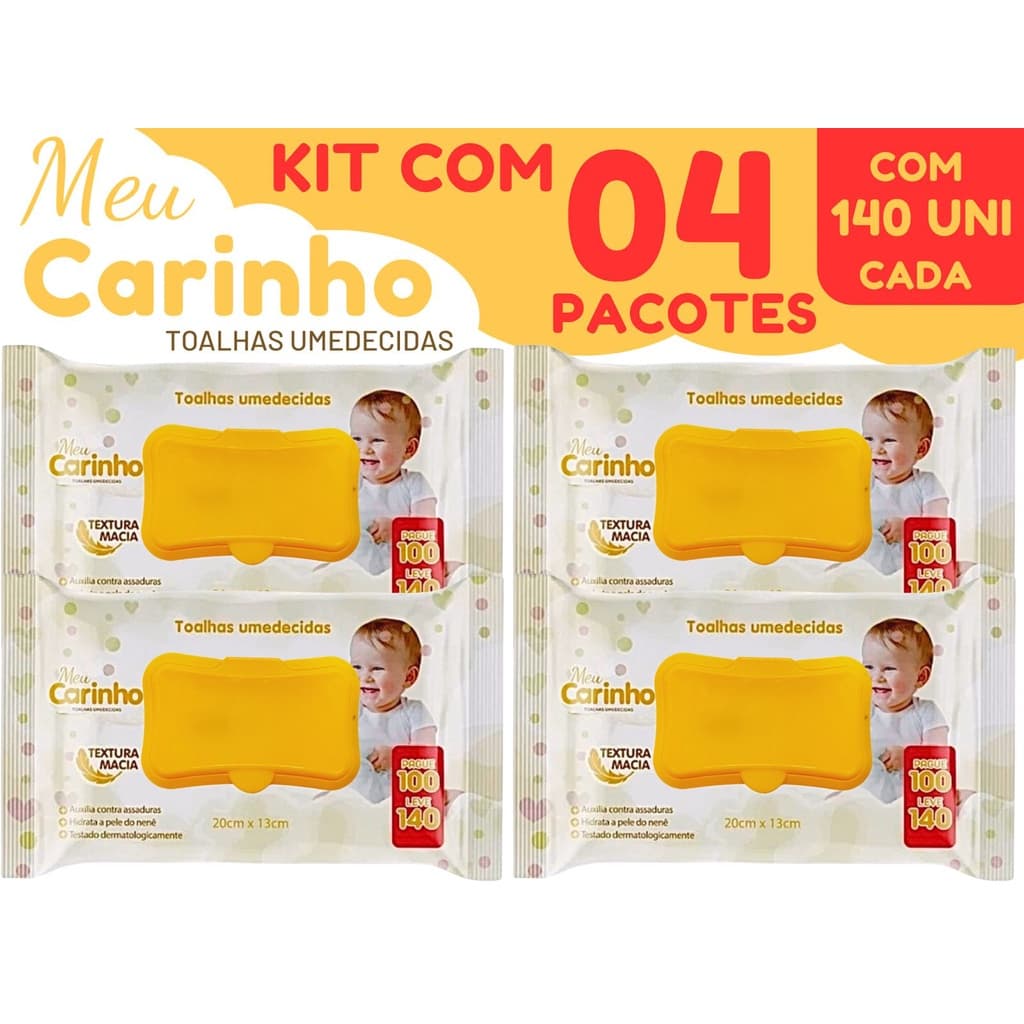 KIT COM 04 PACOTES DE LENÇO/TOALHAS UMEDECIDAS PARA BEBE MEU CARINHO C/140 UNIDADES CADA – PREMIUM