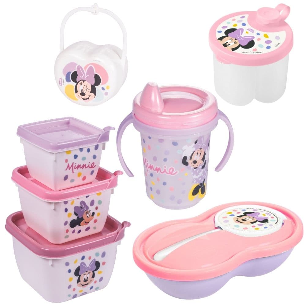 Kit infantil caneca com bico, pote para papinha, porta leite em pó, conjunto 3 potes e porta chupetas Minnie Plasutil