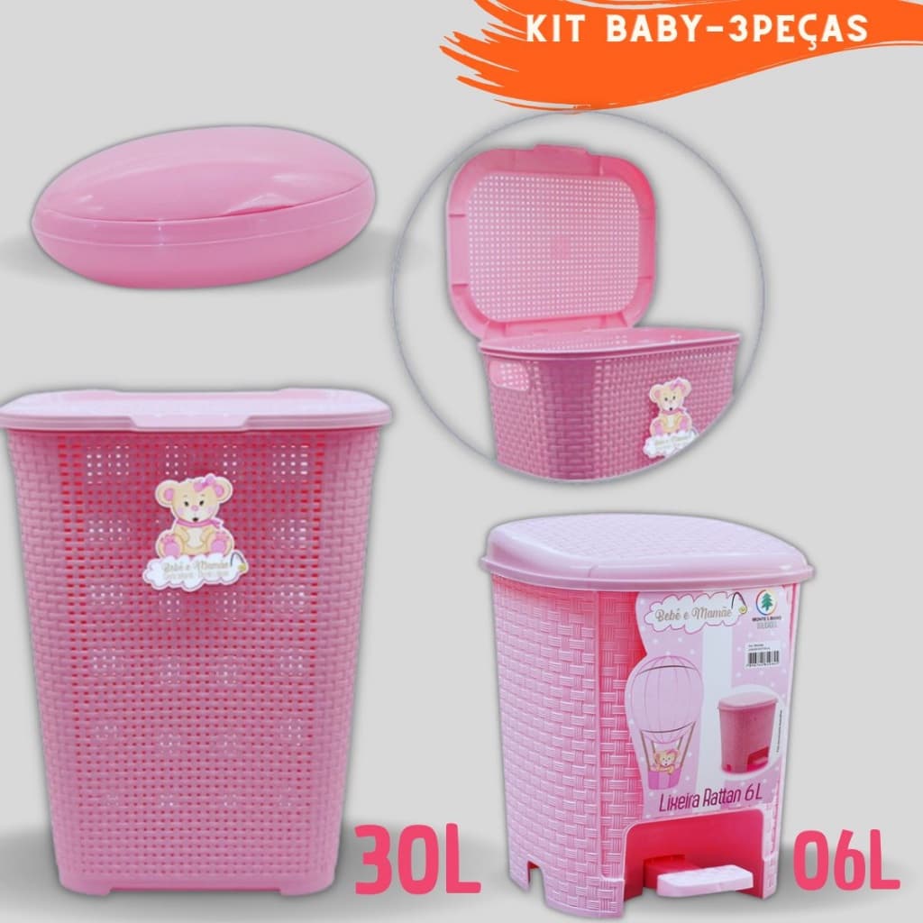 Kit Banheiro Infantil Baby Conjunto Com Lixeira 6L Cesto de Roupa 30L e Saboneteira oval