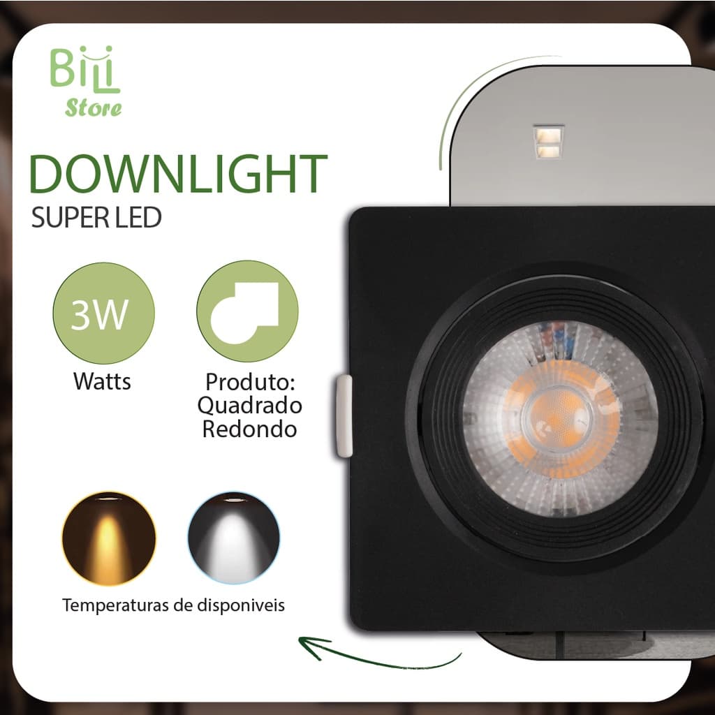 Luminária Spot Led Quadrado Direcionável 3W Embutir Gesso Teto Preto | Branco Frio | Branco Quente Bivolt Spot Super LED