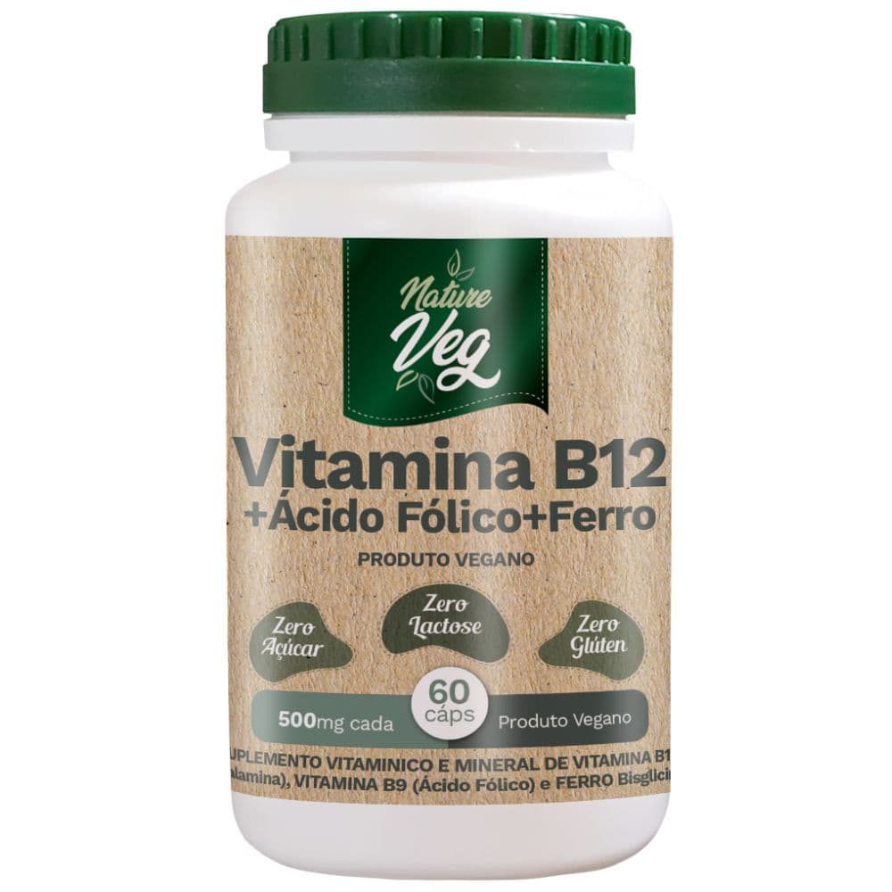Suplemento Alimentar - Vitamina B12 + Ácido Fólico + Ferro (Produto Vegano) 60 Cápsulas 500mg
