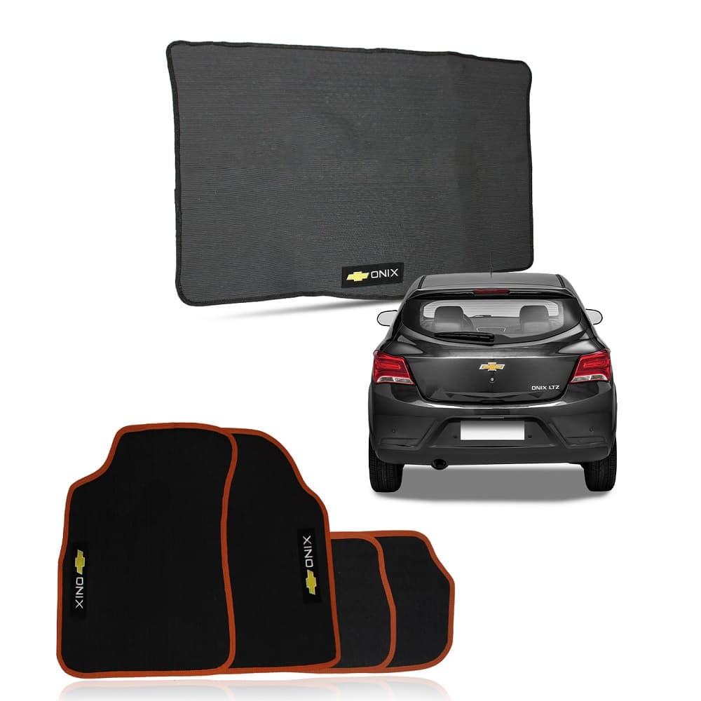 Jogo Tapete Automotivo Onix 2012 a 2019 Borracha Preto Borda Laranja + Tapete Porta Malas