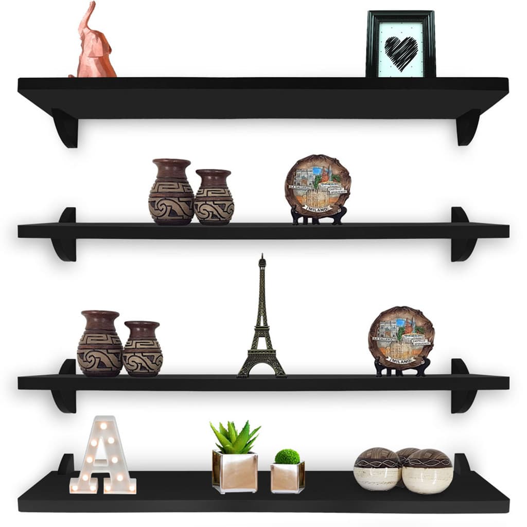 Kit 4 Prateleiras De Parede Suspensa Decorativa Ávila 60×15 cm | Preta Com Suporte Tucano Invertido Suporta 10 kg