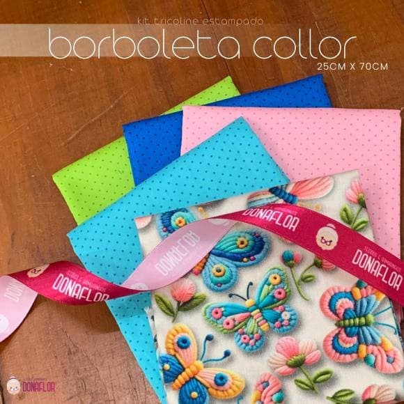 Kit 5Tricolines Borboleta Collor 25cm X 70cm 100% Algodão - para Panos de Prato, Fraldas  e Patchwork