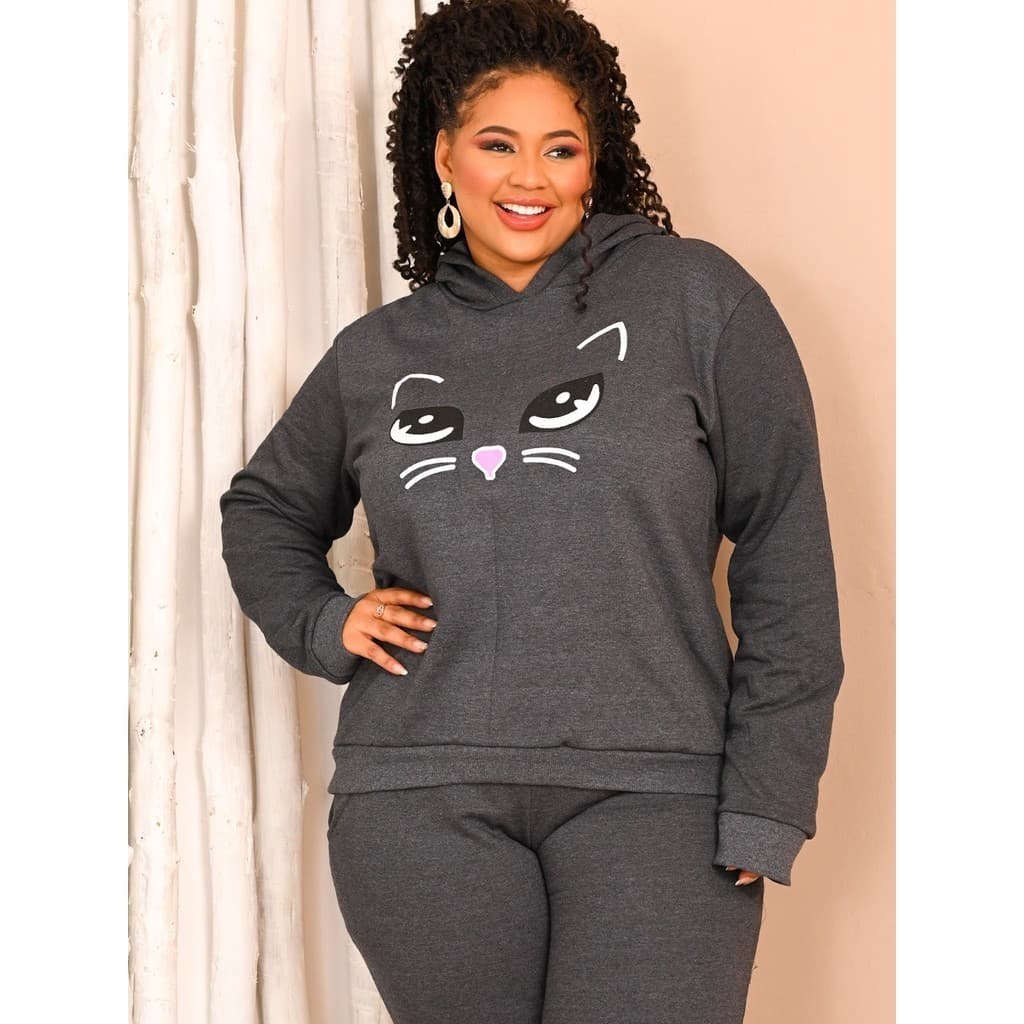 Conjunto Moletom Feminino 2 Peças Moletom e Calça Moletom Estampa de Gato Fofo