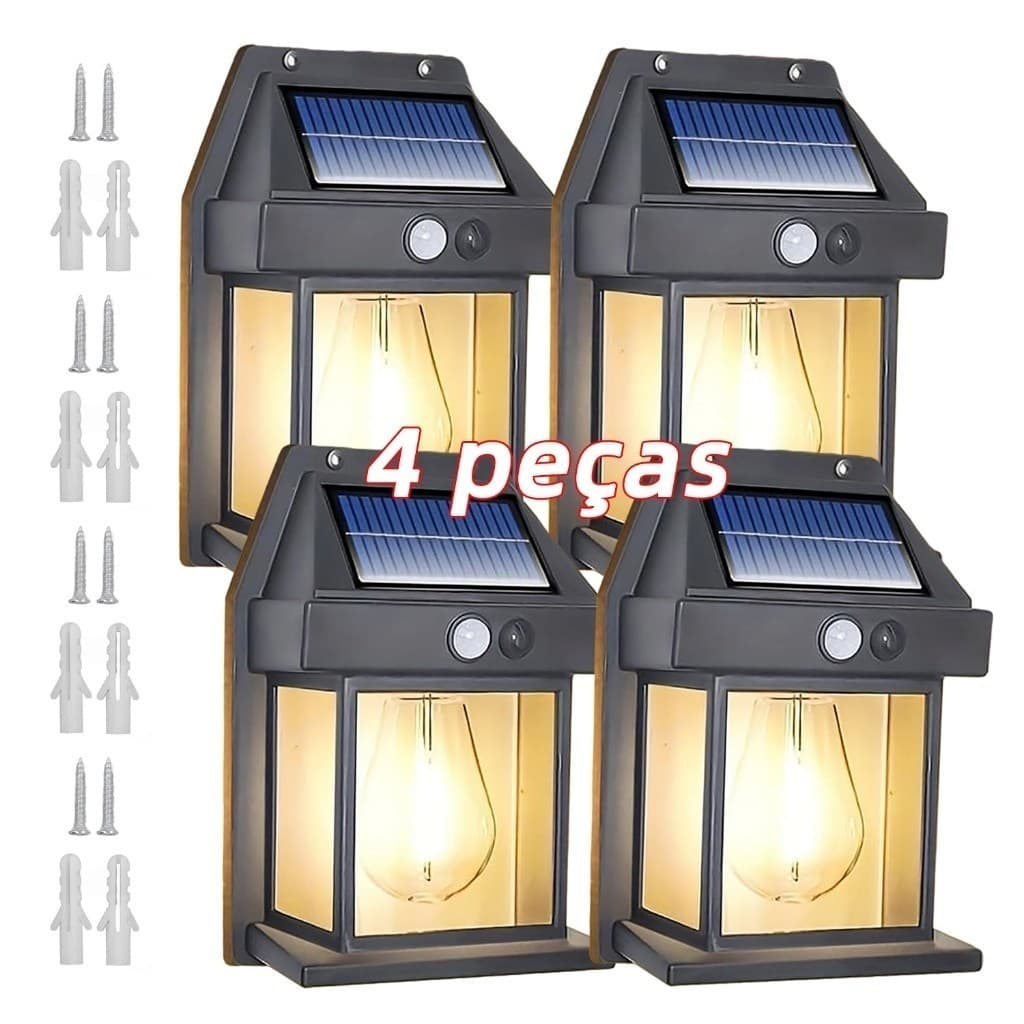 kit 4 Luminária Arandela Vintage Placa Solar Lâmpada Externa Moderna Decoração Com Sensor De Movimento