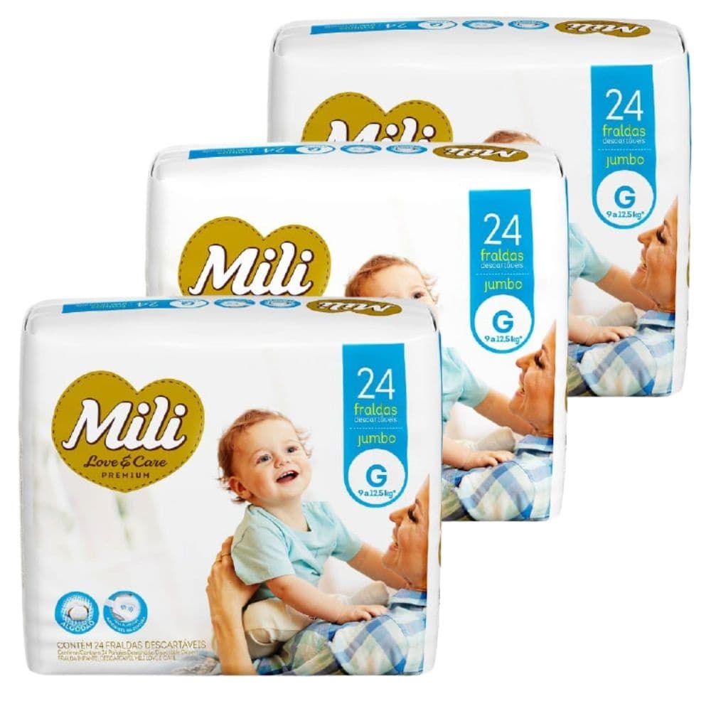Fralda Descartável Mili  Love& Care  Tamanho G  3 Pacotes c/24 unid   (Total: 72 Fraldas)