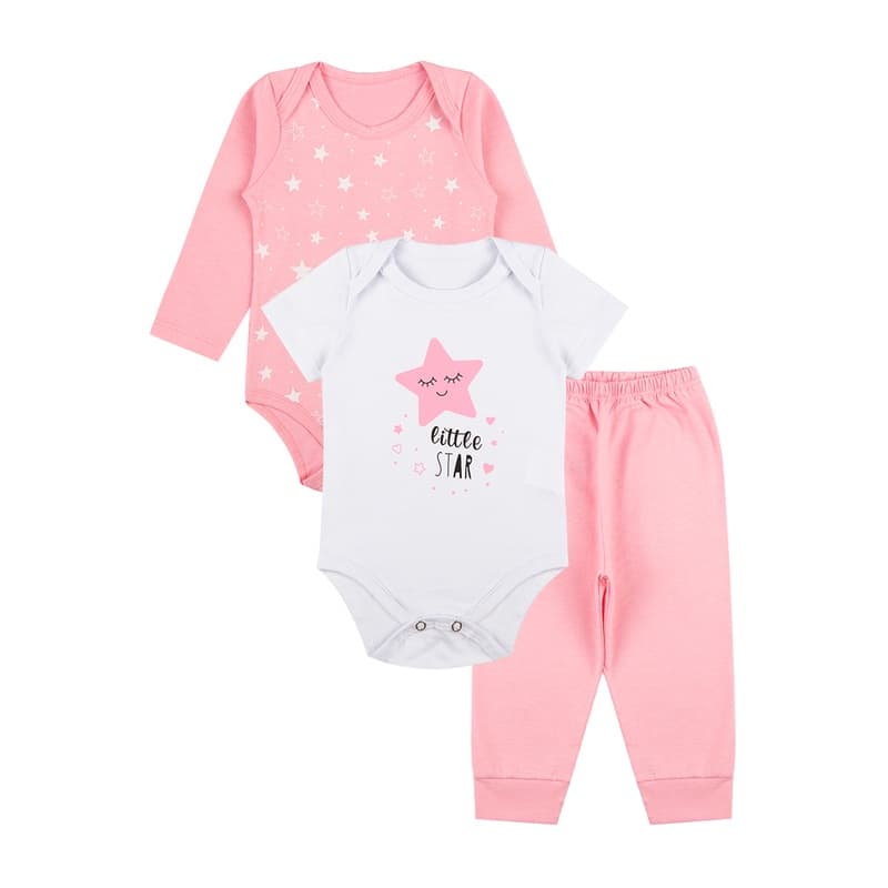 Conjunto 3 Peças Bebê Menina Recém Nascida Body Manga Curta Manga Longa e Calça Estampas Encantadoras Algodão Confortável com Botões de Pressão para Facilitar Troca de Fraldas