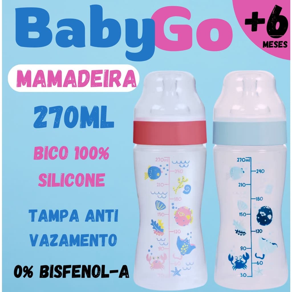 KIT COM 02 MAMADEIRAS BABYGO 270ML WIDE NECK ANTIVAZAMENTO BICO ORTODÔNTICO 100% SILICONE