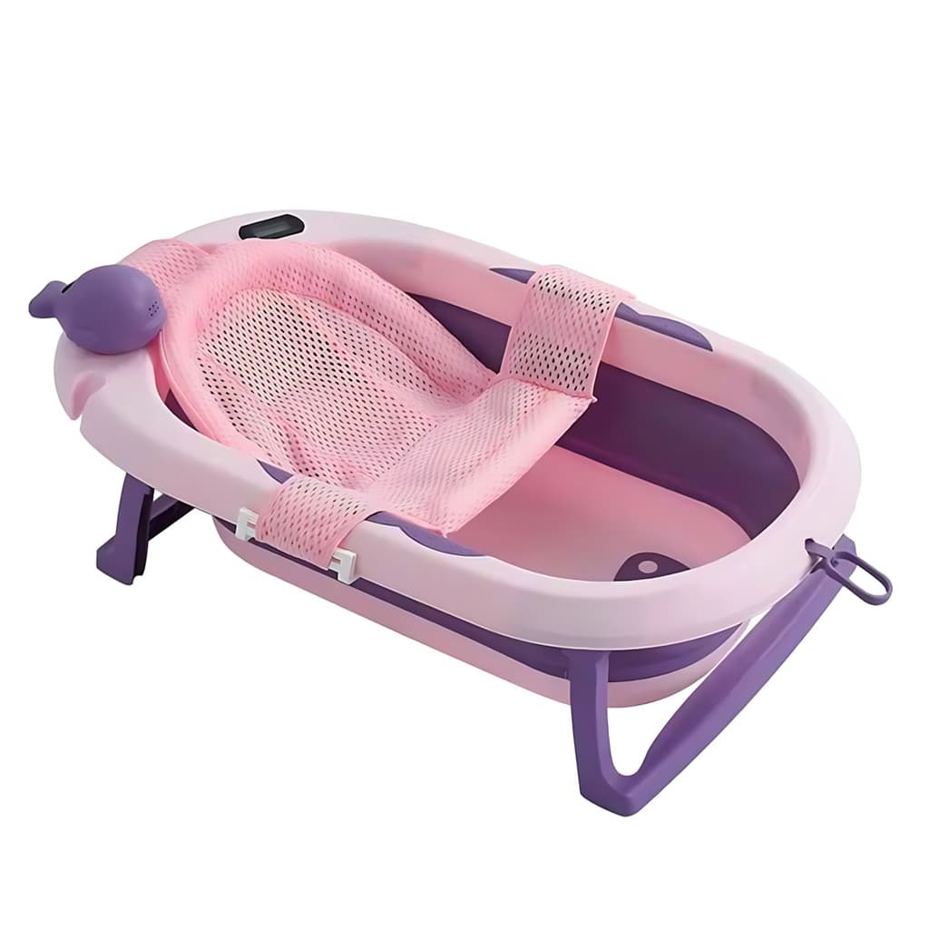 Kit Banheira Dobrável Roxa Com Suporte De Banho Para Bebê