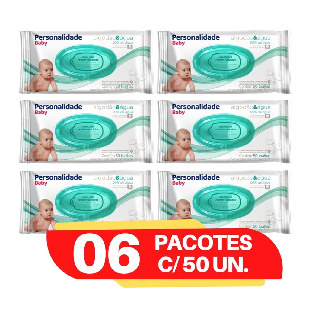Toalhinhas umedecidas personalidade RN kit 6 pacotes com 50 unidades