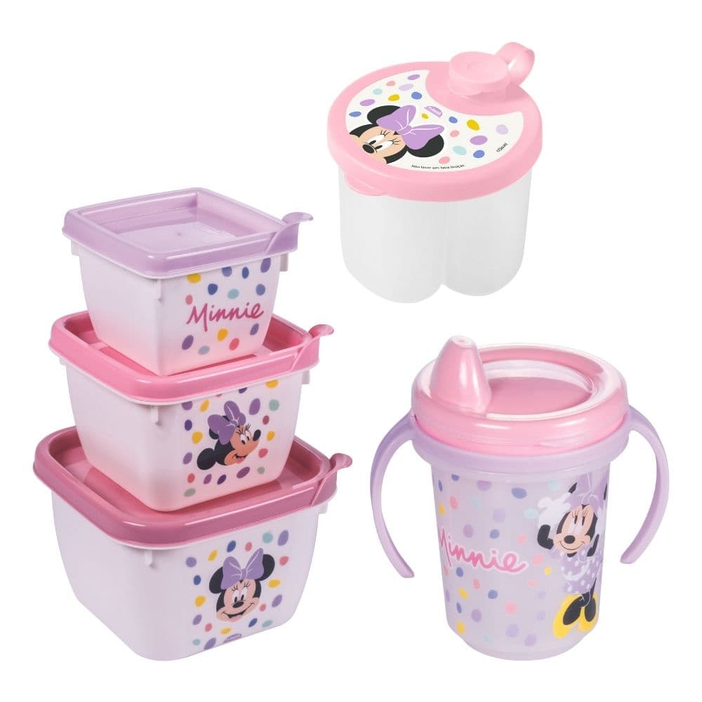 Kit infantil caneca com bico, porta leite em pó e conjunto 3 potes Minnie Plasutil