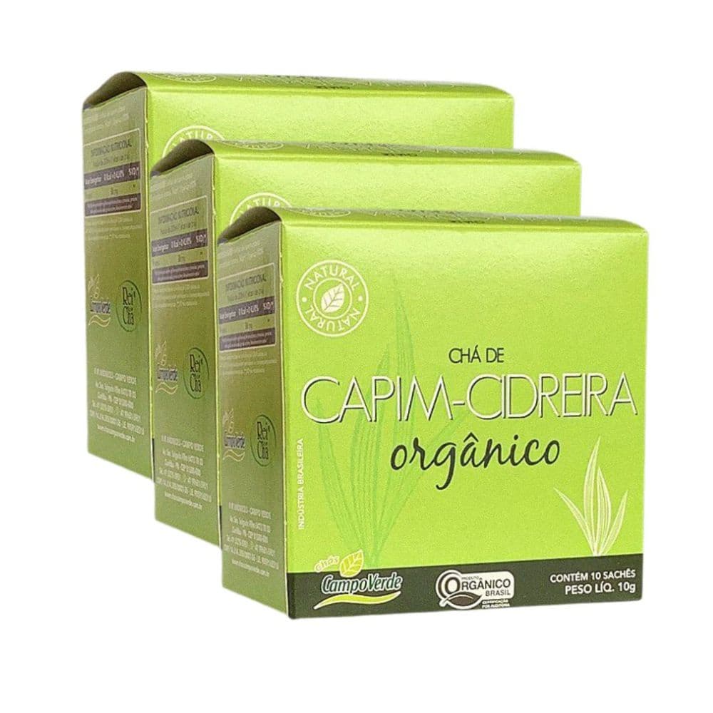Kit 3 Capim Cidreira Chá Orgânico das Folhas Campo Verde 10 sachês cada cx