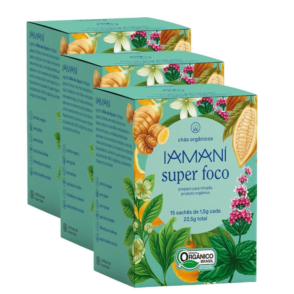 Kit Chá Misto Iamaní Super Foco Gengibre Hortelã Cacau Orgânico 45 sachês