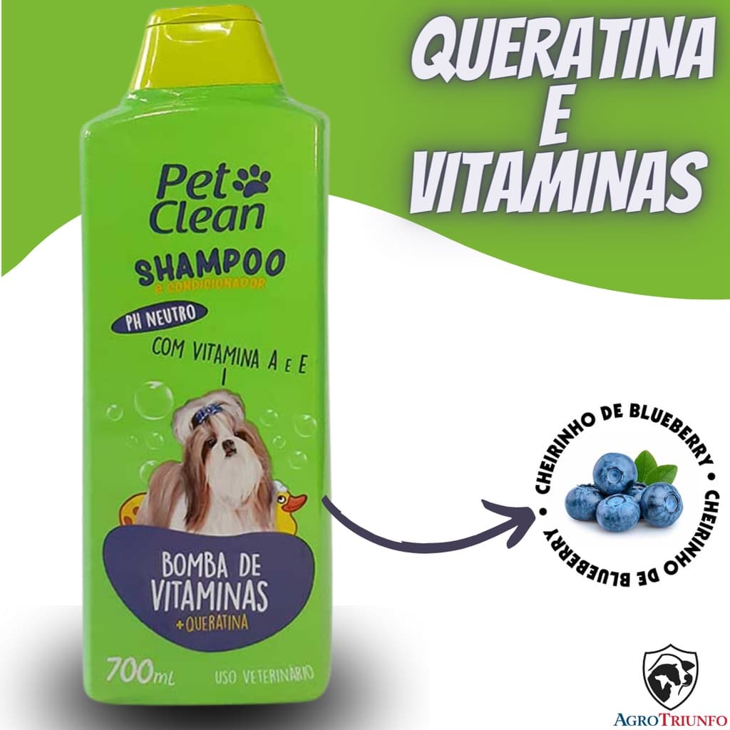 Shampoo e Condicionador Bomba de Vitaminas Queratina Pet Clean 700 mL para Cães e Gatos