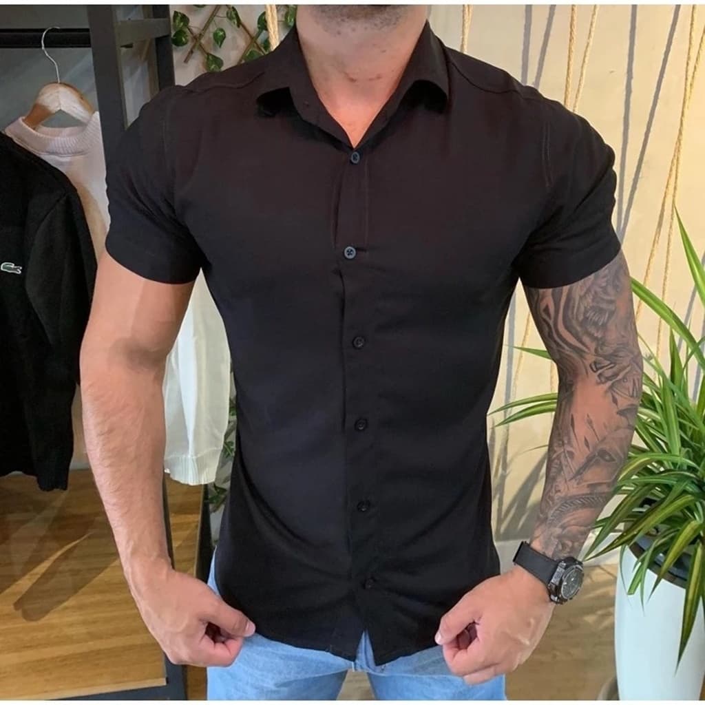 Camisa lisa Masculina Manga curta Social Slim Havaiana Barata ,Tecido e cripinho
