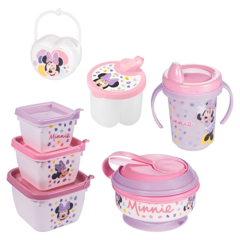 Kit infantil caneca com bico, pote papinha com amassador, porta leite em pó, cj 3 potes e porta chupetas Minnie Plasutil