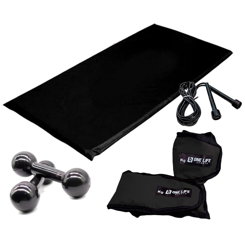 Kit Treino em Casa  - Corda + `Par Caneleira 2 Kg + Colchonete + Par Halter Emborrachado 2 kg