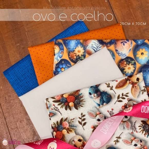 Kit 5Tricolines Pascoa Ovos e Coelhos 25cm X 70cm 100% Algodão - para Panos de Prato, Fraldas  e Patchwork