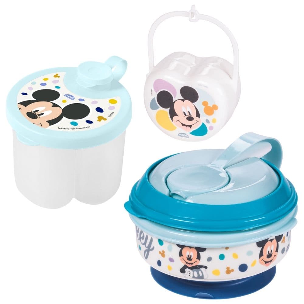 Kit infantil pote papinha com amassador, porta leite em pó e porta chupeta Mickey Plasutil