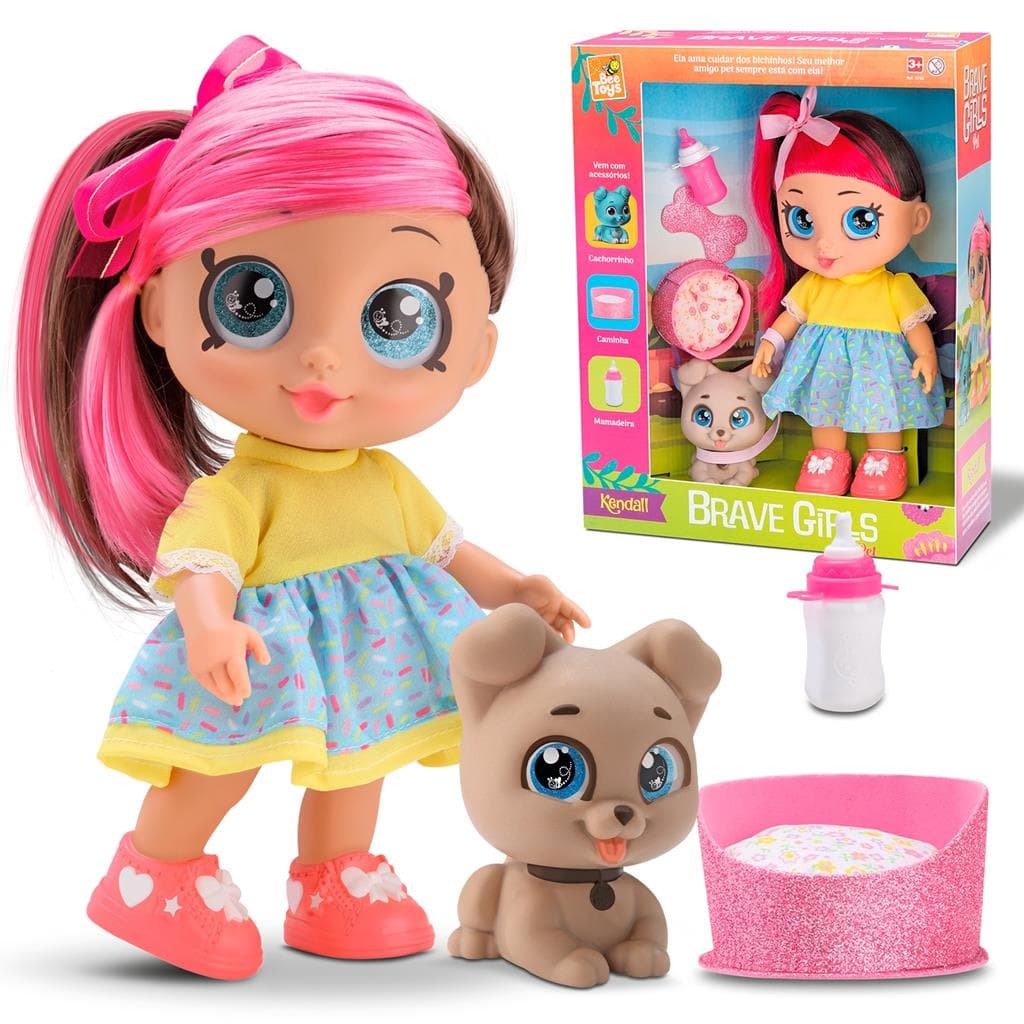 Boneca Kendall Pet Colecao Brave Girls Menina Com Cachorrinho Pet Fofinho Bichinho Com Mamadeira E Caminha - Bee Toys