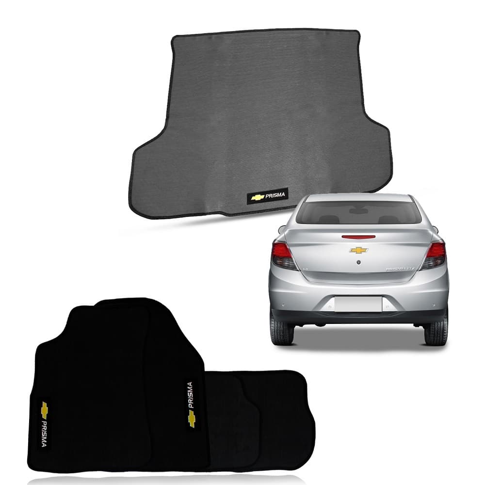 Jogo Tapete Automotivo Prisma 2013 a 2019 Borracha Pvc Preto + Tapete Porta Malas Borracha