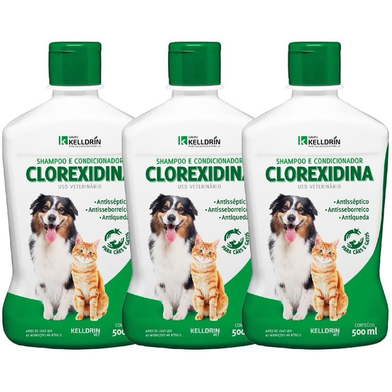 Kit 3 Unidades Shampoo Antisseborreico Clorexidina 2% Shampoo e Condicionador Para Cães e Gatos 500ml - envio rapido