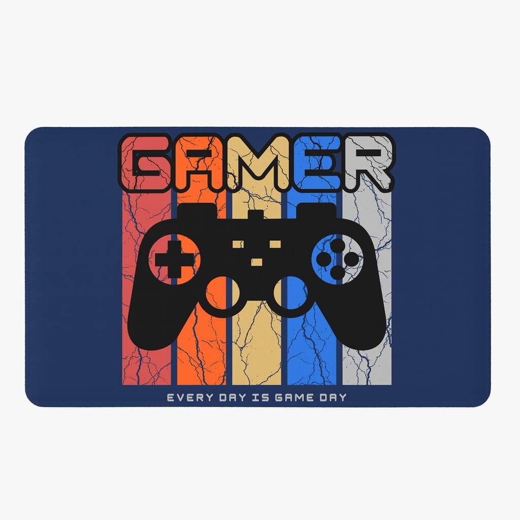 Tapete Para Quarto Infantil Estampado Gamer Day Azul Marinho/Laranja 60cm x 40cm - Base Antiderrapante Decoração Juvenil Menino Masculino Games Videogame Controle