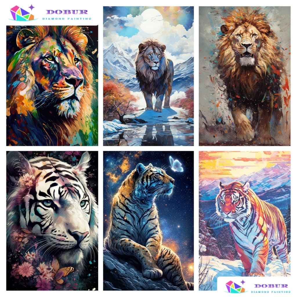 DOBUR | Pintura Diamante Conjunto De Pintura Com Diamante 5D Tigre Redondo E Leão Animal DIY Full Drill Kits Numéricos H