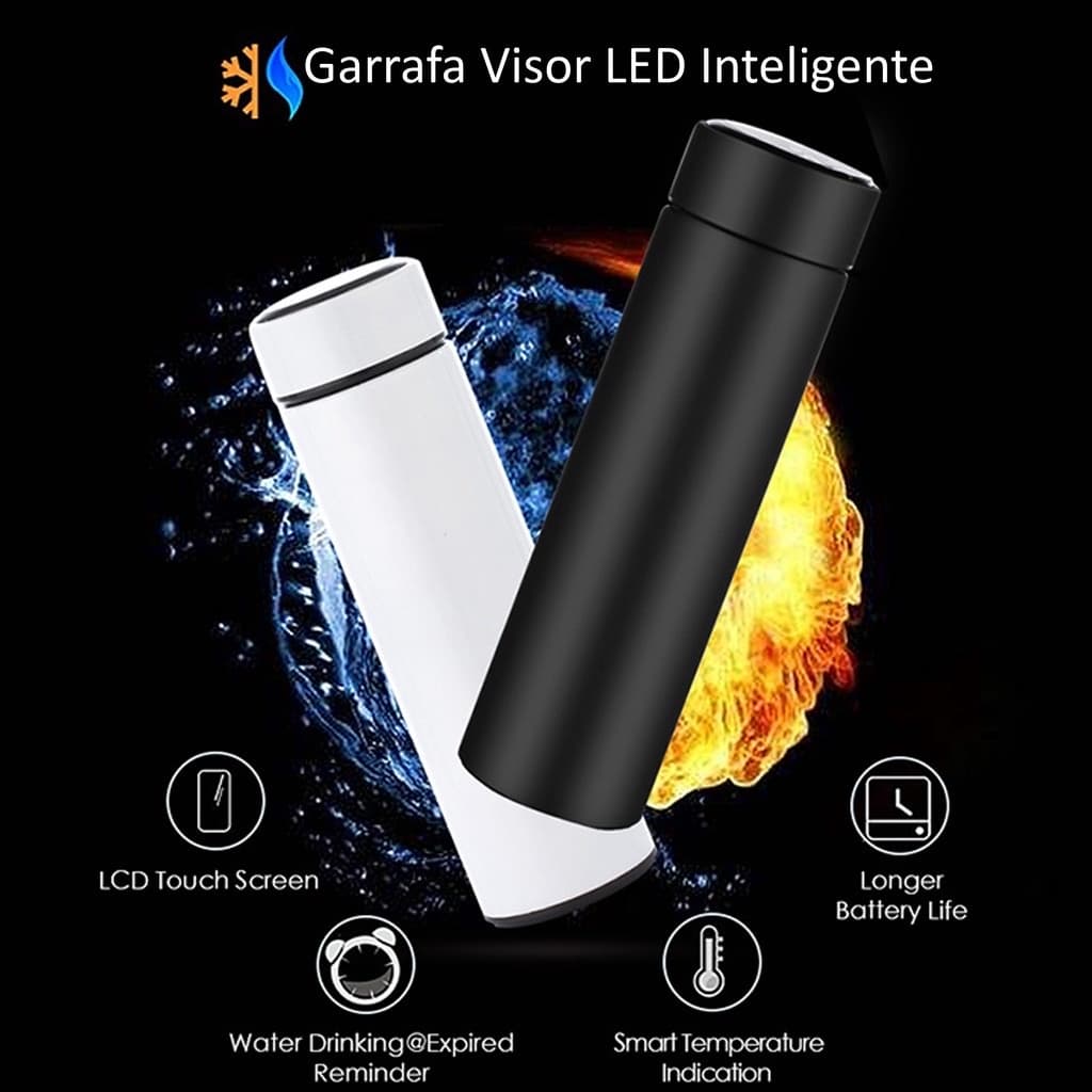 Garrafa Térmica Inteligente Em Aço Inox Com Termômetro Digital 500ml Led Café Água Quente Gelado Lolita