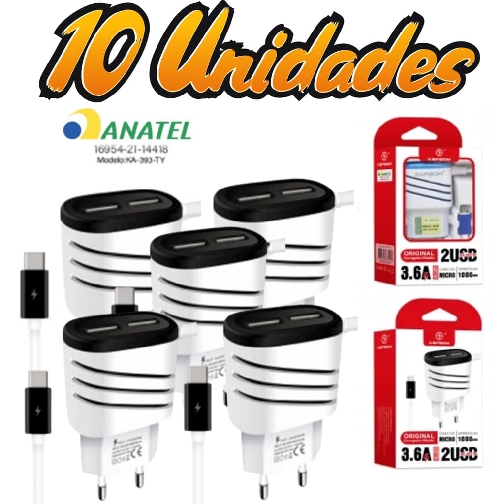 Kit 10 Carregador Rápido 3.6a 2 Usb  Tipo C Anatel Atacado Revenda