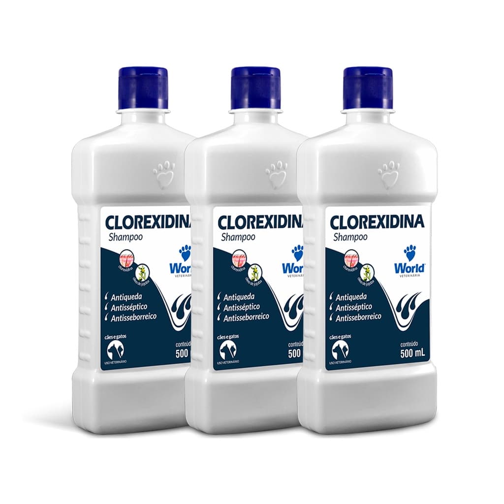 Shampoo Clorexidina para Cachorro e Gato Antisseborreico antisséptico World Veterinária Pet 500ml - 3 Unid - Pet shop