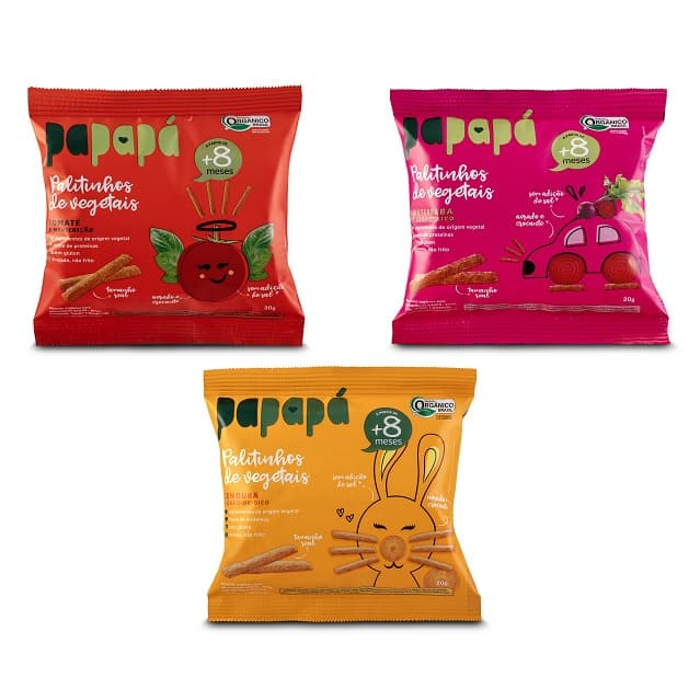 Kit 3 Palitinhos Vegetais Biscoito Infantil Papapá Orgânico 1 de Cada Sabor 60g