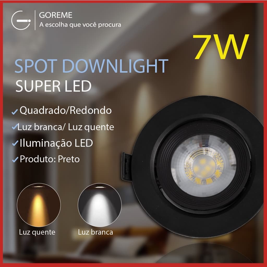 Luminária Spot Led Redondo Direcionável 7W Embutir Gesso Teto Preto |Luz Fria / Luz Quente Bivolt Spot Super LED