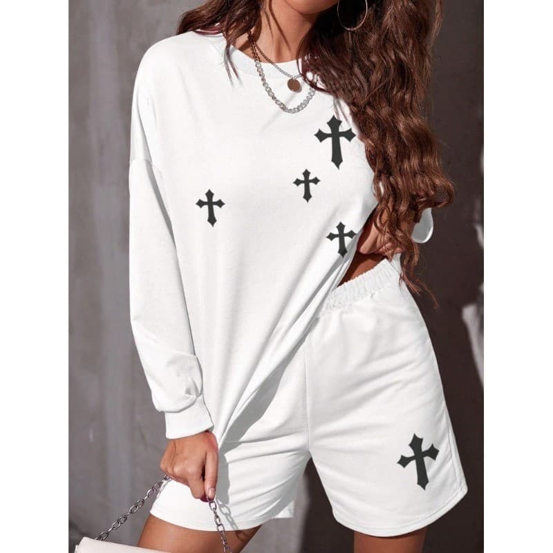 Conjunto Moletom Gola Careca Feminino e Conjunto de Shorts Confortável, Conjunto Casual para Outono/Inverno