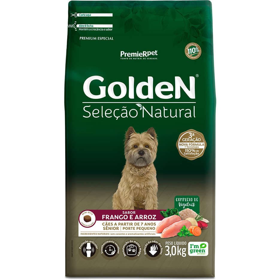 Ração 3Kg Golden Seleção Natural Cães Sênior Raças Pequenas Mini Bites Frango e Arroz