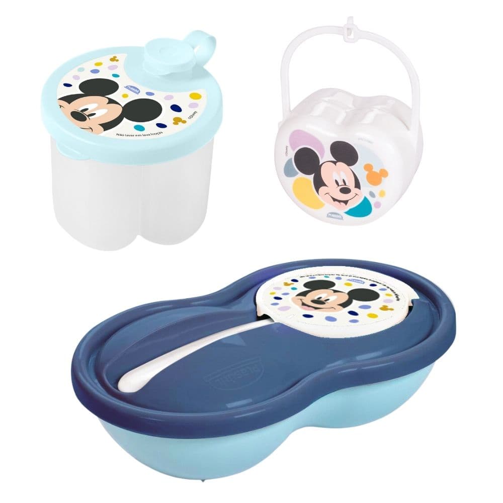 Kit infantil pote papinha com divisória, porta leite em pó e porta chupeta Mickey Plasutil