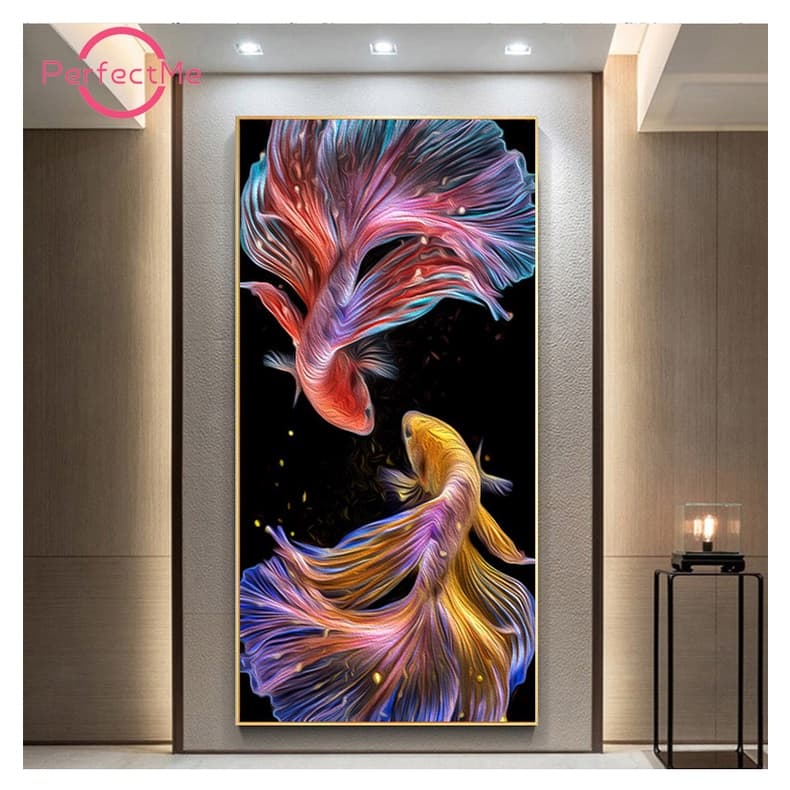 Pmbig Size Koi Carp Diy 5D Pintura Diamante Ponto Cruz Conjunto Completo De Diamantes Acrílico Redondo Para Decoração De