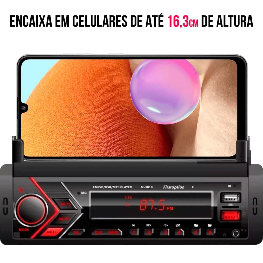 Aparelho De Som Carro Radio Automotivo Bluetooth USB Sd Rádio FM First option com Suporte Celular