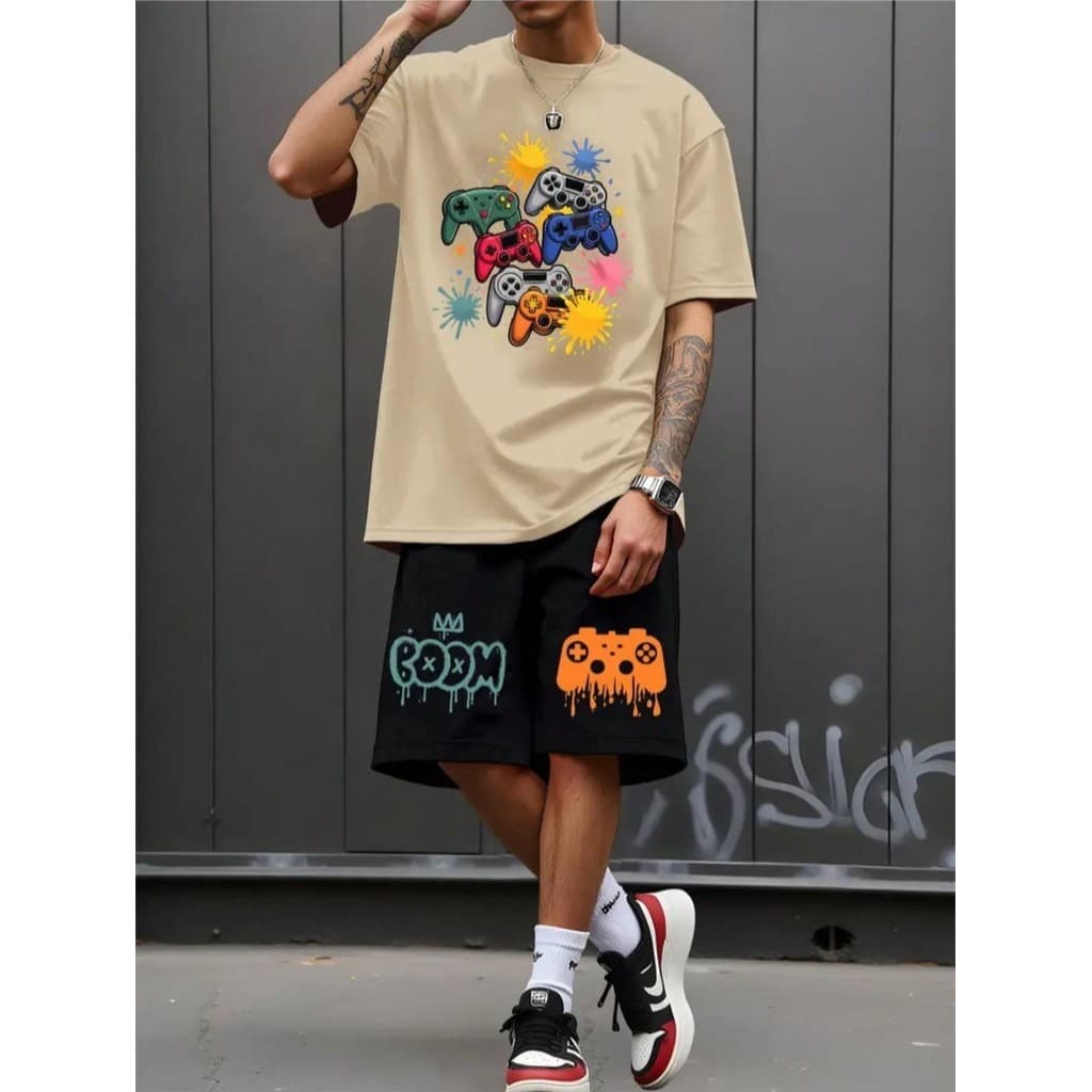 Kit Camiseta + Bermuda de Moletom Modelo "Controle de Videogame" Estilo Tumblr - 2025