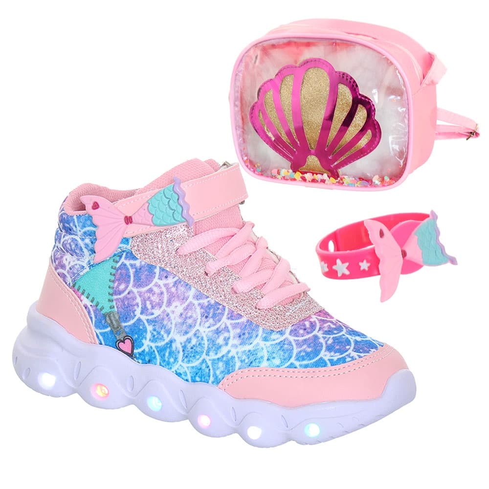 Tenis calcado infantil com luzes de led que pisca brilha acende leve e confortavel + pulseira e mochila